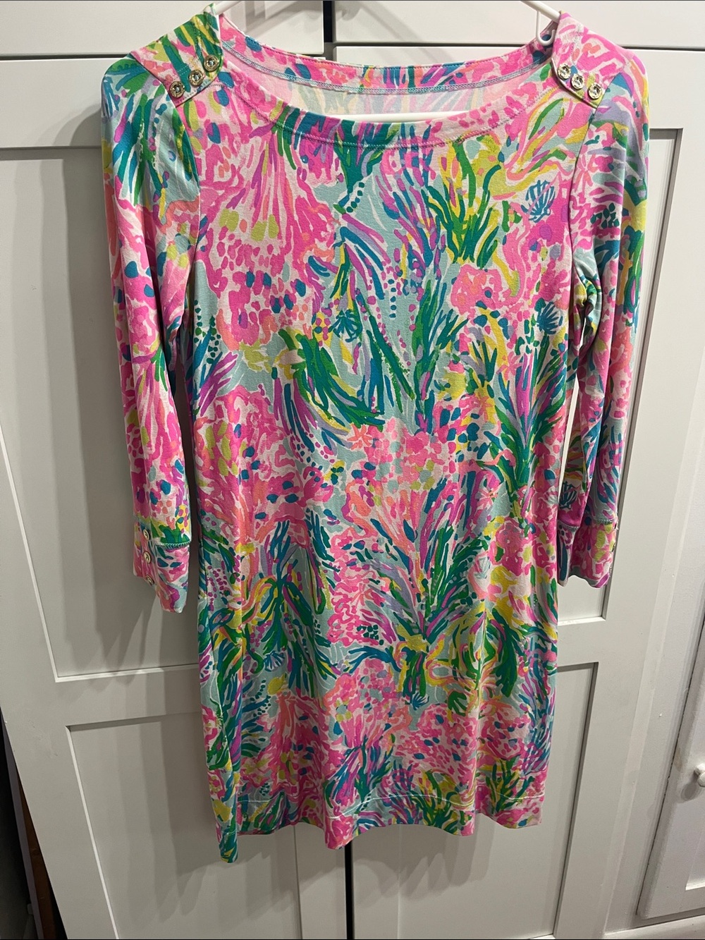 Lilly Pulitzer Pink, Green & Blue Floral Coral Boatneck Dress
